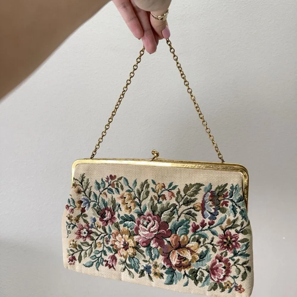 Vtg Needlepoint Tapestry Bag Handmade Floral Grandmacore 50s MCM Evening Classy